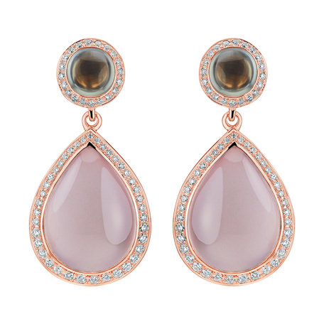 Diamond earrings, Prehnite and Rose Quartz Eternal Sunset