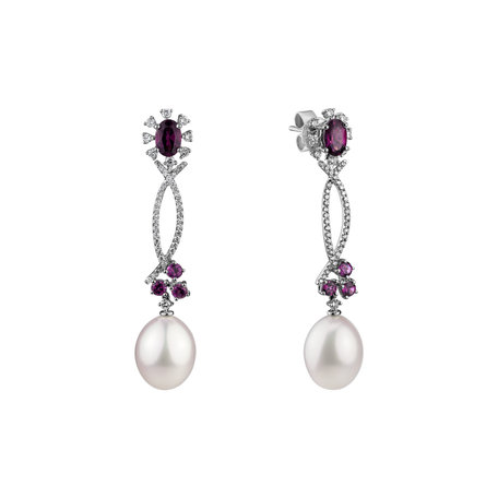 Earrings with Pearl, diamonds and Rhodolite Duchess Catherine