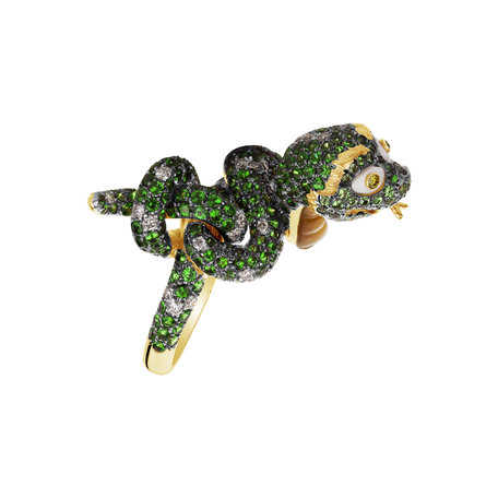 Diamond ring with Agate, Garnet and Mother of Pearl Crazy Snake