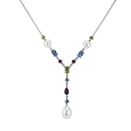 Diamond necklace with Pearl and gemstones Rainbow Touch