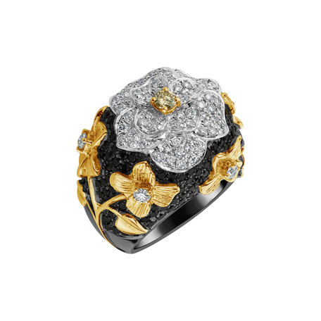 Ring with white, brown and black diamonds Night Magnolia