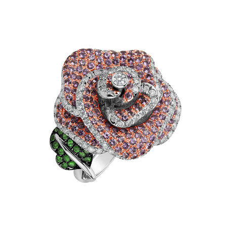 Diamond ring with Sapphire and Garnet Flor