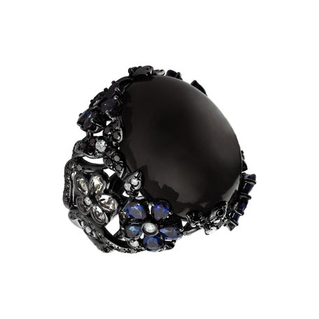 Ring with black and white diamonds, Moonstone and Sapphire Eleasha