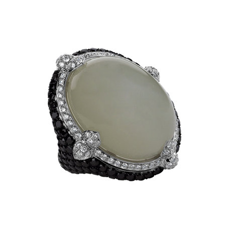 Ring with Moonstone, black and white diamonds Eye Ocean