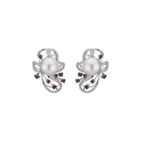 Earrings with Pearl, diamonds and Sapphire Venus Flowers