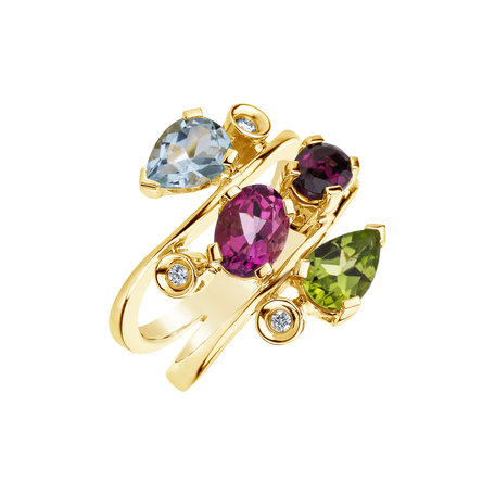 Diamond ring with Rhodolite, Peridote and Topaz Floy