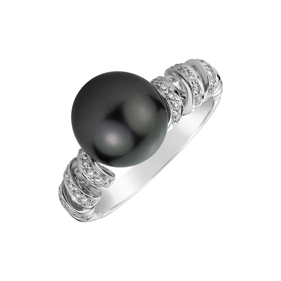 Diamond ring with Pearl Stormy Depth