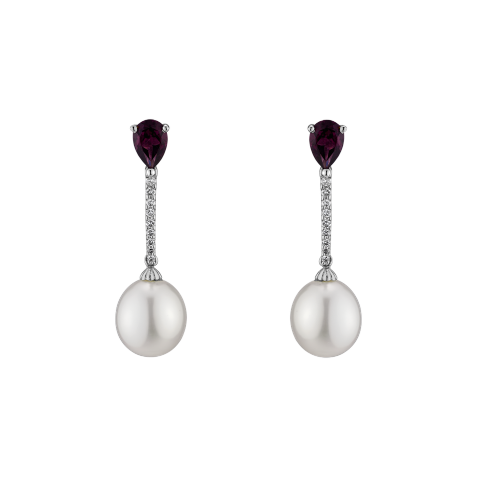 Earrings with Pearl, diamonds and Rhodolite Undersea Passion