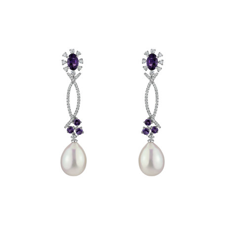 Earrings with Pearl, diamonds and Amethyst Secret of Underwater