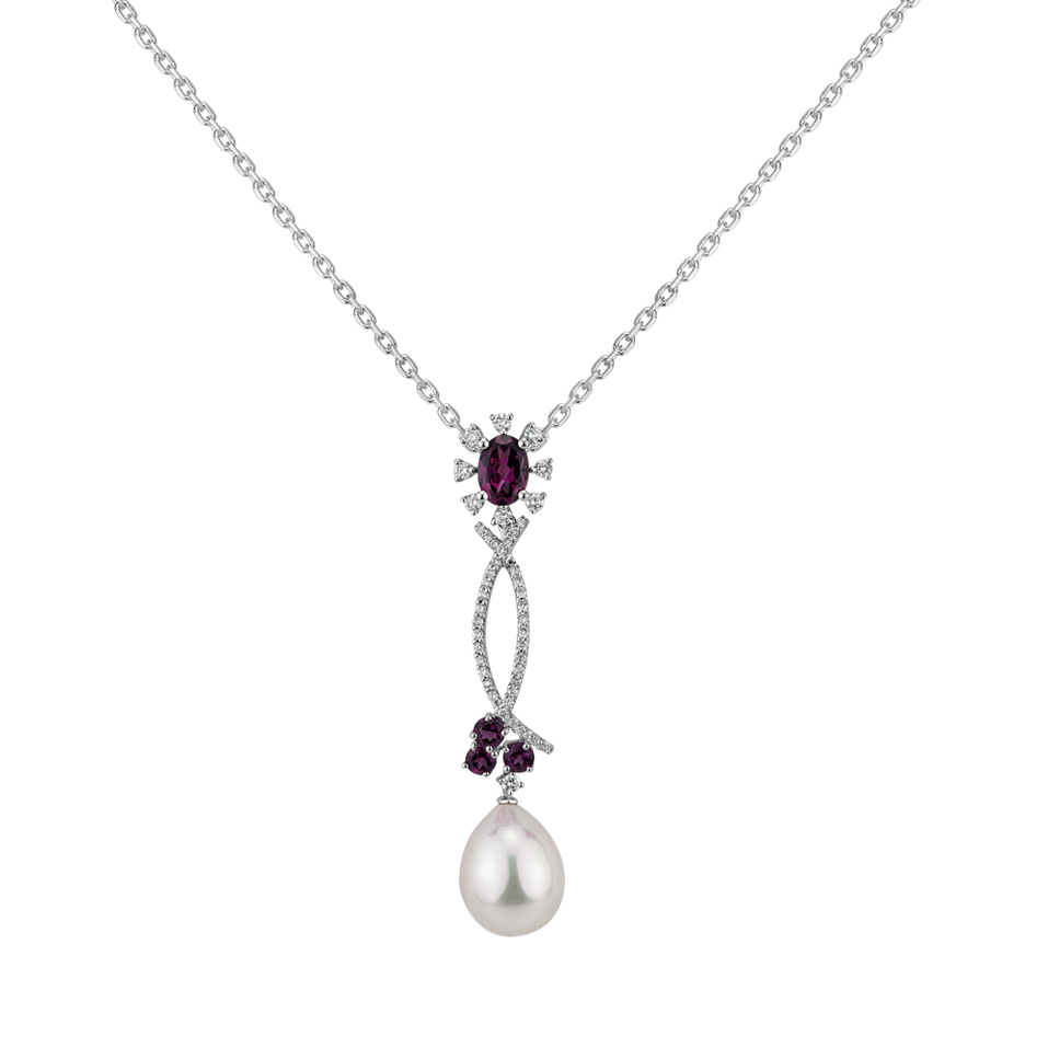 Diamond pendant with Pearl and Rhodolite Suzette