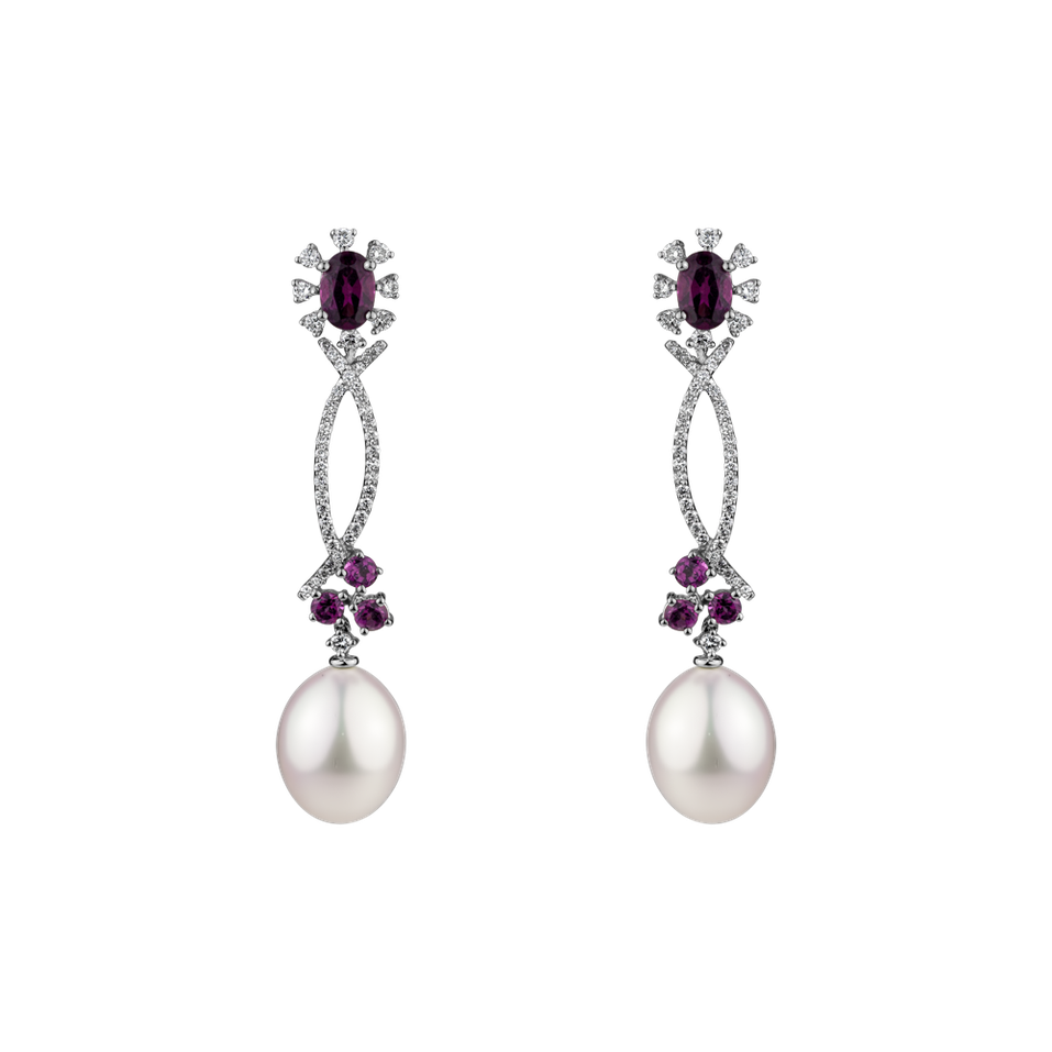 Earrings with Pearl, diamonds and Rhodolite Duchess Catherine