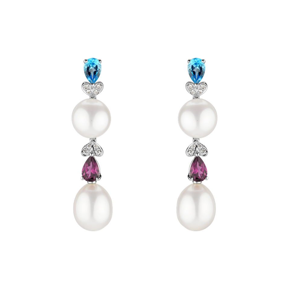 Diamond earrings, white Pearl and gemstones Ocean Love