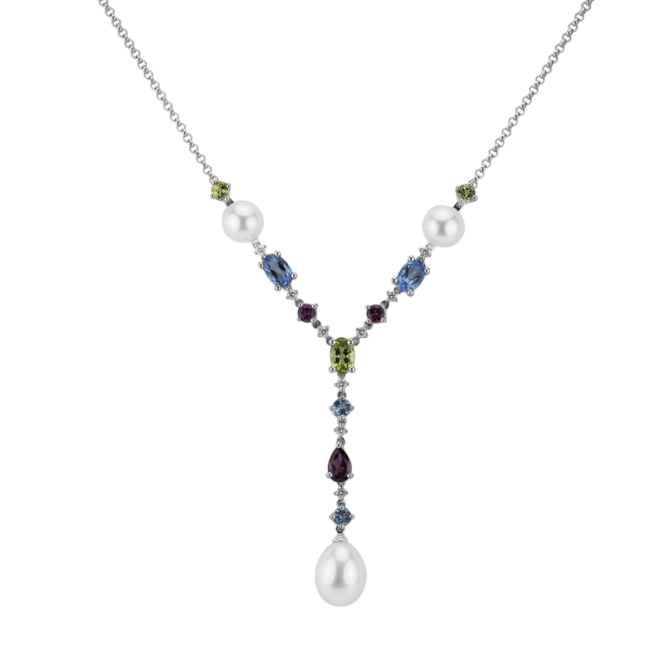 Diamond necklace with Pearl and gemstones Rainbow Touch