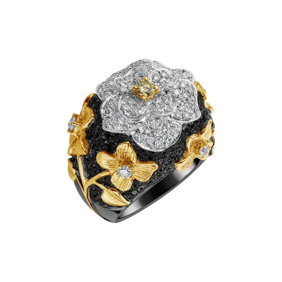 Ring with white, brown and black diamonds Night Magnolia