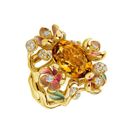 Diamond ring with Citrine and Enamel Fike