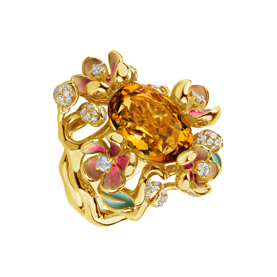 Diamond ring with Citrine and Enamel Fike