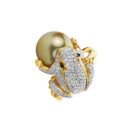 Diamond ring with Pearl and Garnet The Frog Prince