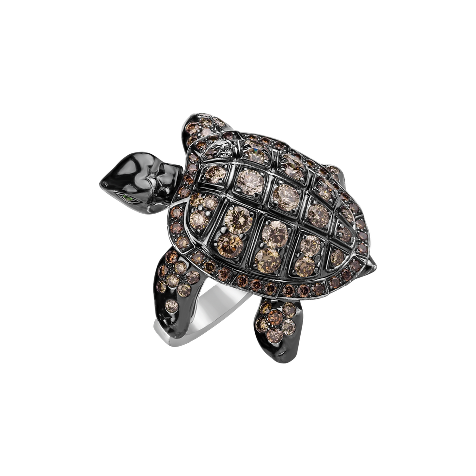 Ring with brown diamonds and Garnet Exotic Turtle