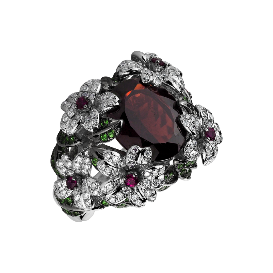 Diamond ring with Ruby and Garnet Bannister