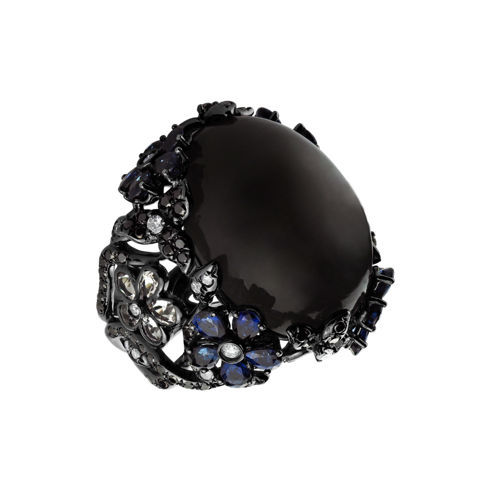 Ring with black and white diamonds, Moonstone and Sapphire Eleasha