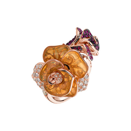 Ring with brown and white diamonds, Enamel and Ruby Princess Rose