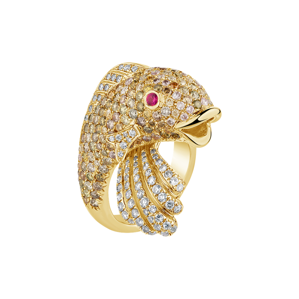 Ring with brown, yellow, white diamonds and Ruby The Legendary Carp