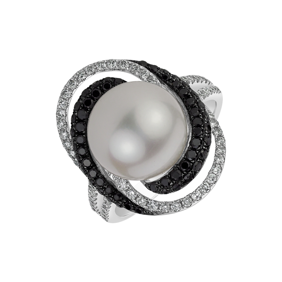 Ring with black and white diamonds and Pearl Vortex of Emotions