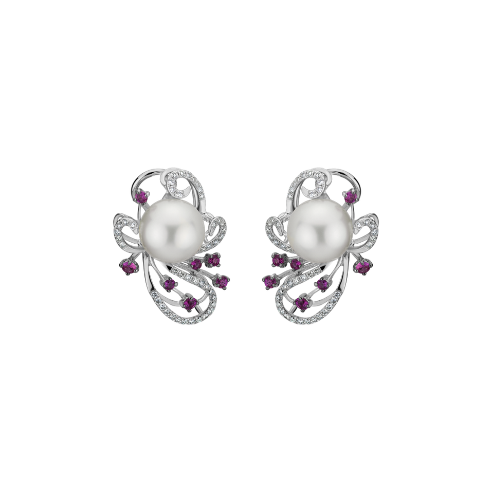 Earrings with Pearl, diamonds and Sapphire Venus Flowers