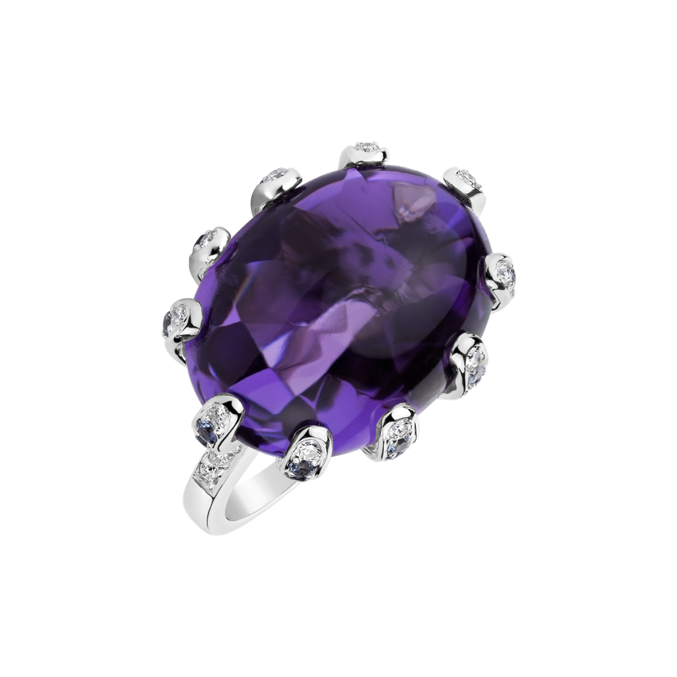 Diamond ring with Amethyst and Sapphire Glasswinged Butterfly