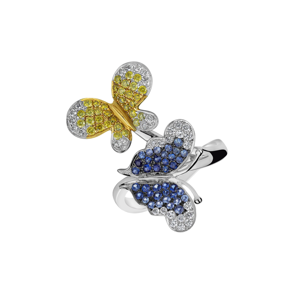 Ring with yellow and white diamonds and Sapphire Papillon Melody