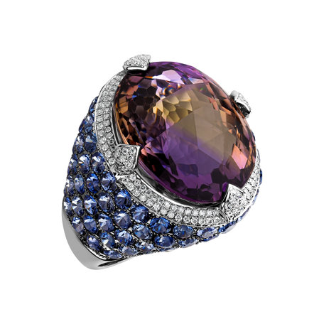 Diamond ring with Amethyst and Sapphire Renaissance Mosaic