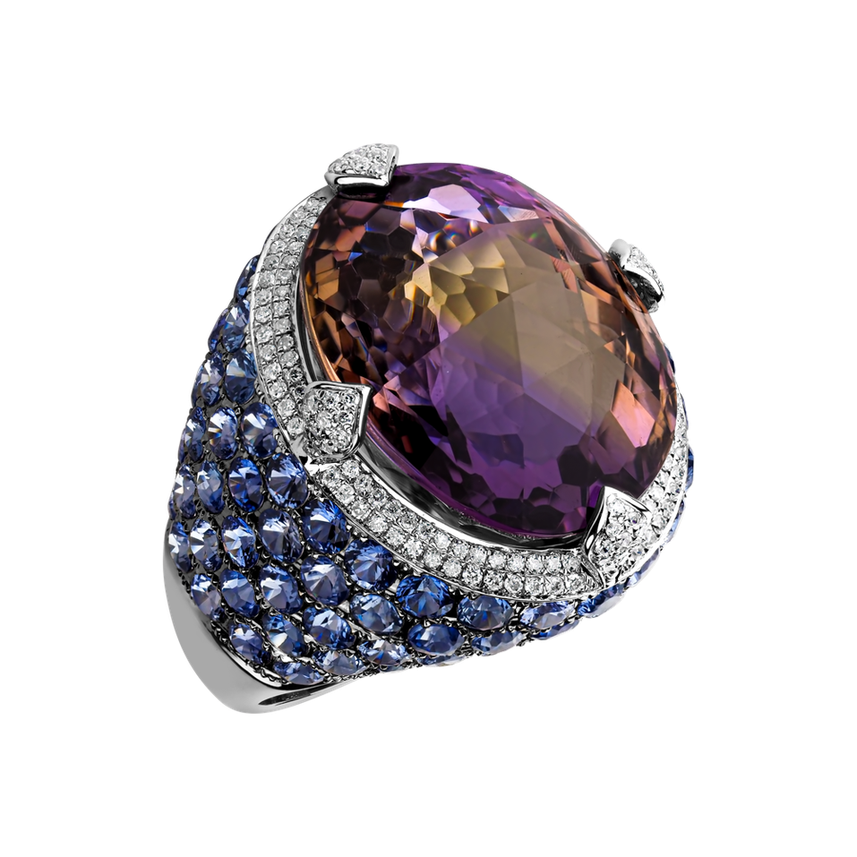 Diamond ring with Amethyst and Sapphire Renaissance Mosaic