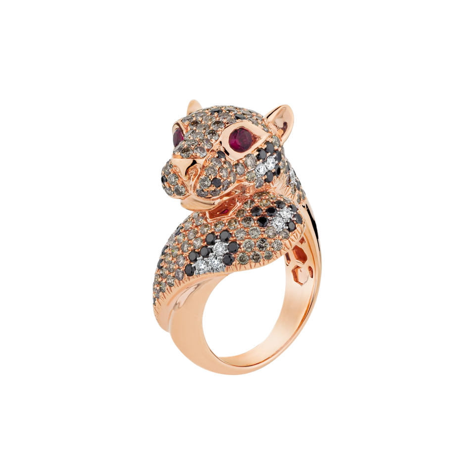 Ring with white, brown and black diamonds and Ruby Shining Cheetah