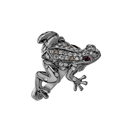 Ring with brown and white diamonds and Ruby Dark Fairytale Frog