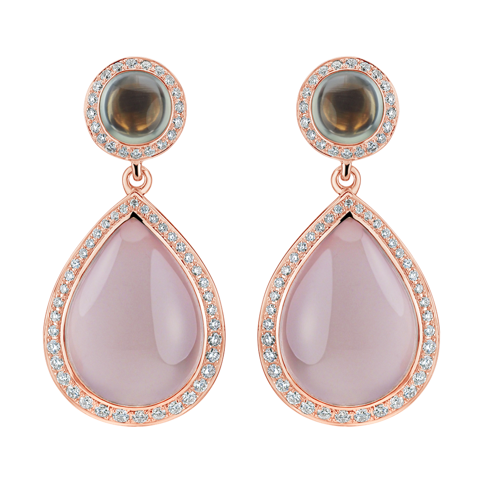 Diamond earrings, Prehnite and Rose Quartz Eternal Sunset