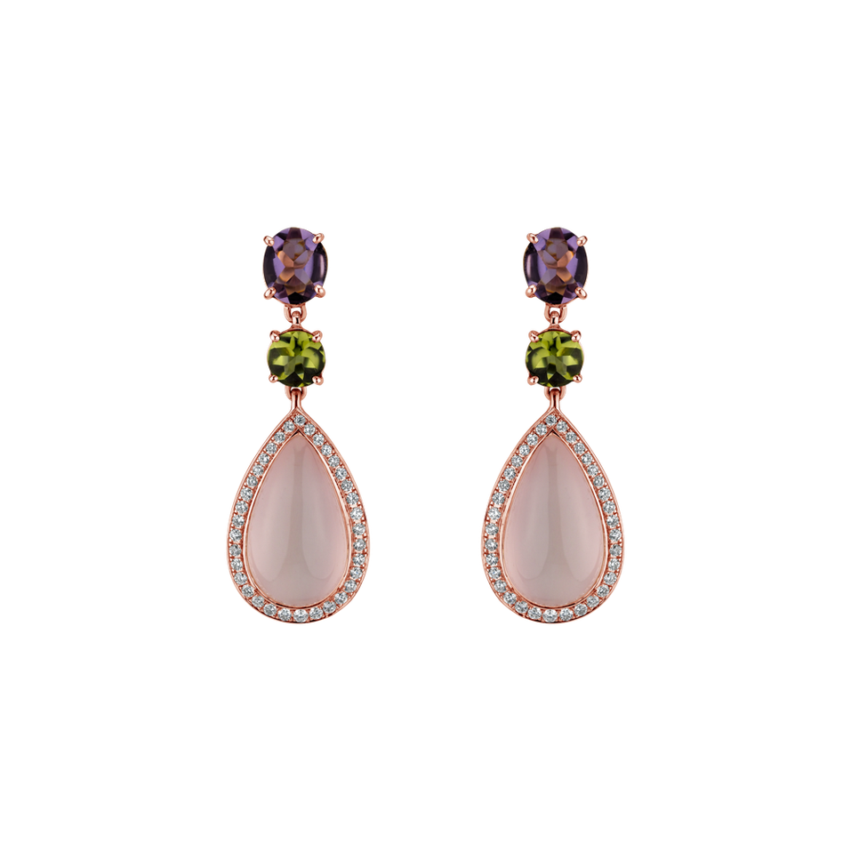 Diamond earrings, Amethyst, Rose Quartz and Peridote Petal of Love