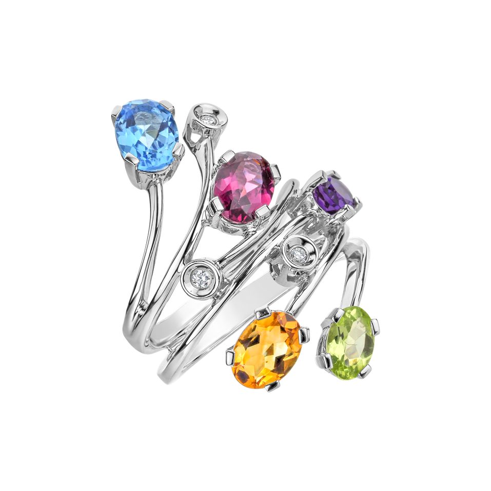 Diamond ring with Rhodolite, Peridote, Amethyst, Topaz and Citrine Pleasure