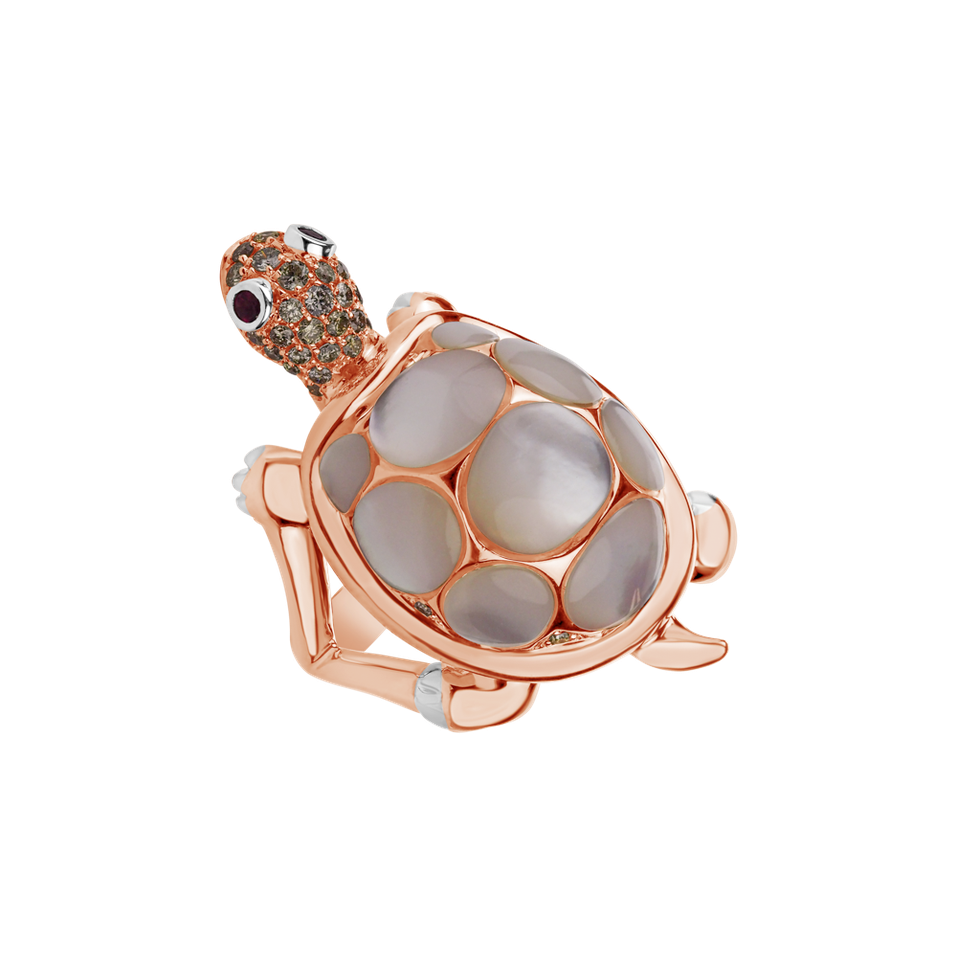 Ring with brown diamonds, Ruby and Mother of Pearl Graceful Turtle