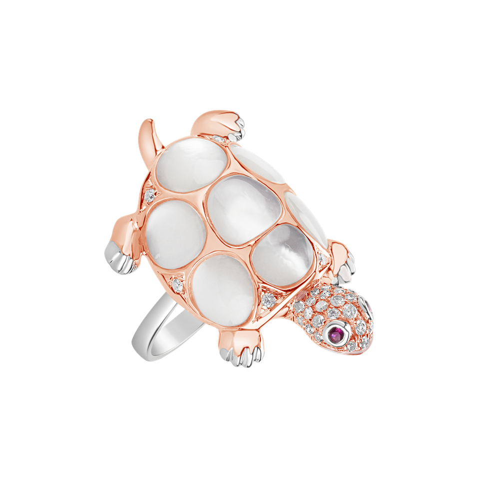 Ring with brown and white diamonds, Ruby and Mother of Pearl Turtle Love