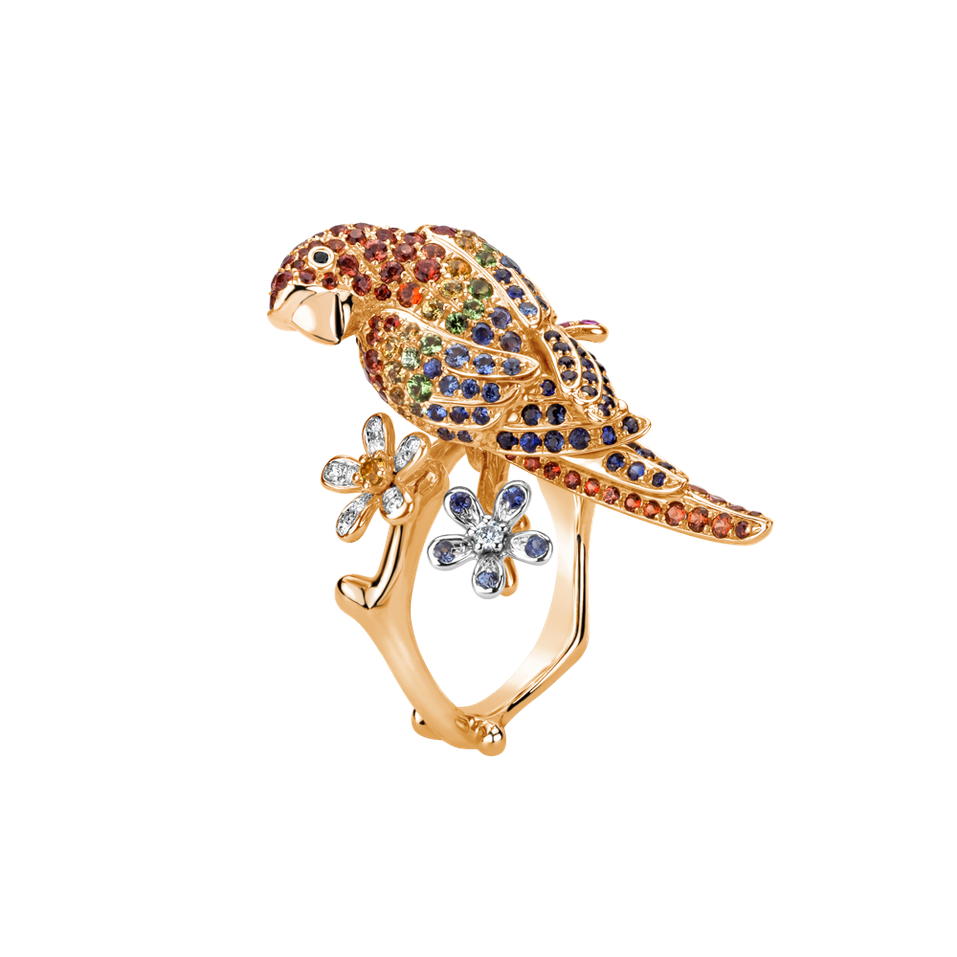 Ring with black and white diamonds, Garnet and Sapphire Alluring Parrot