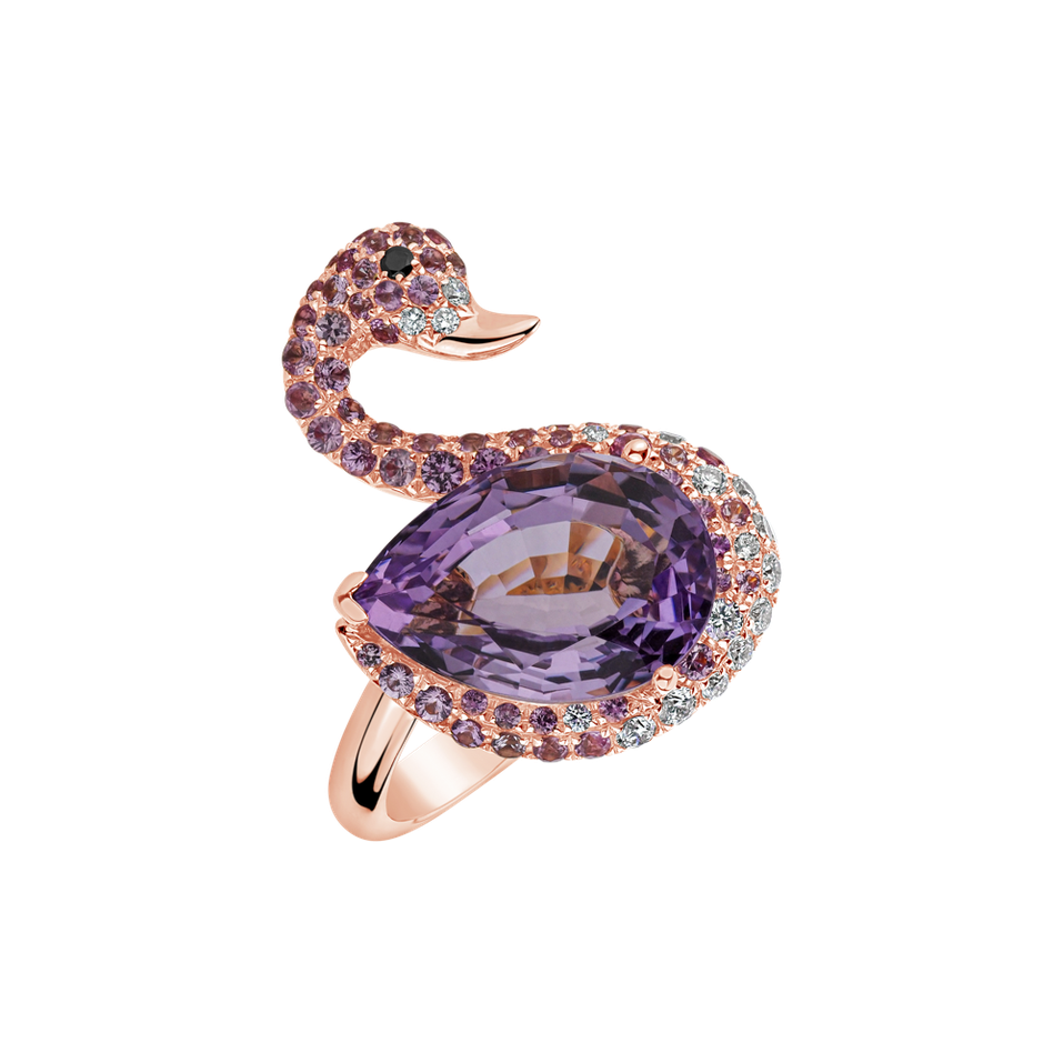 Ring with black and white diamonds,Sapphire and Amethyst Noble Swan