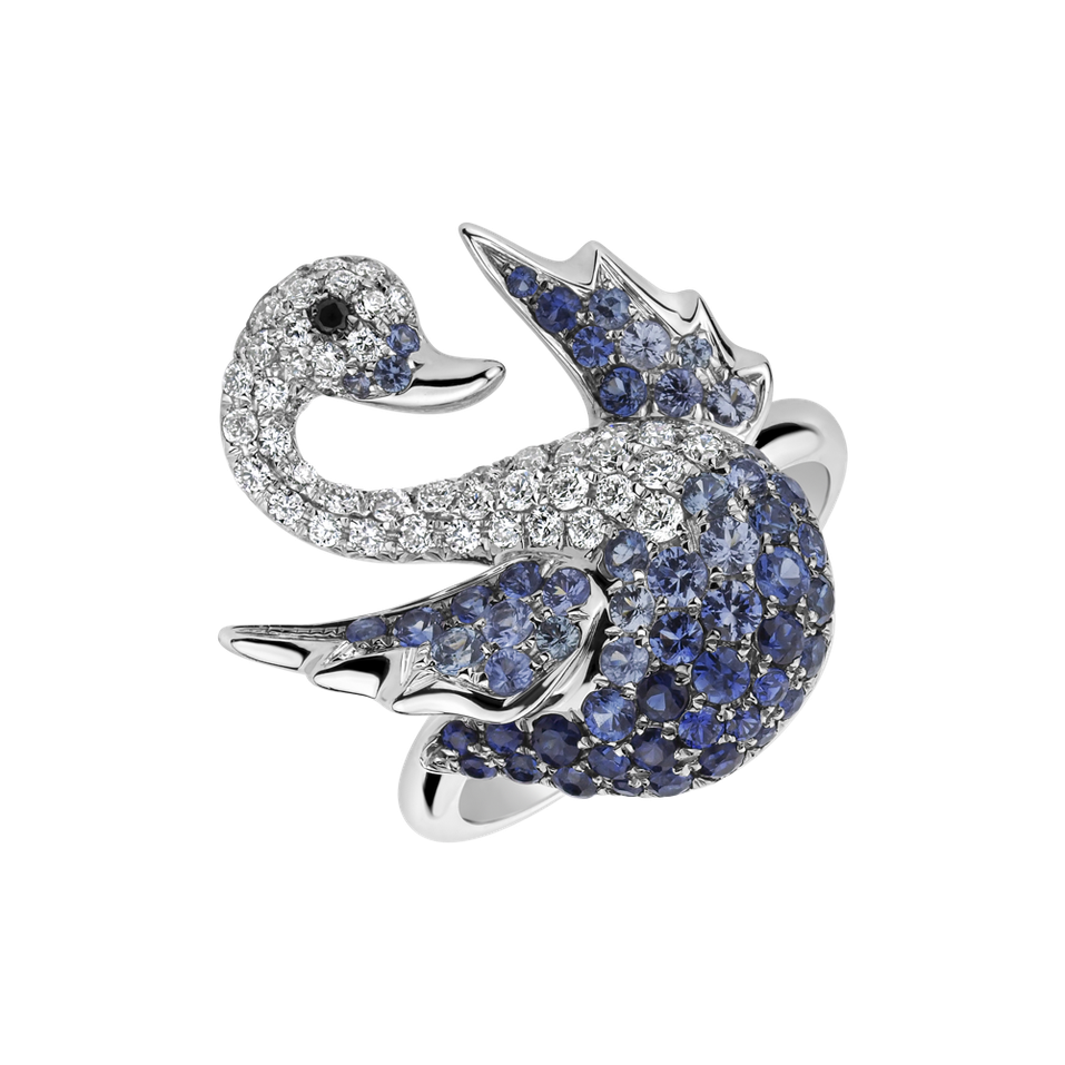 Ring with black and white diamonds and Sapphire Magical Swan