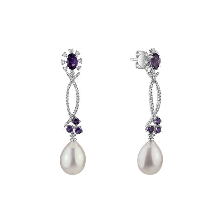 Earrings with Pearl, diamonds and Amethyst Secret of Underwater