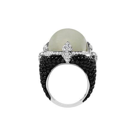 Ring with Moonstone, black and white diamonds Eye Ocean