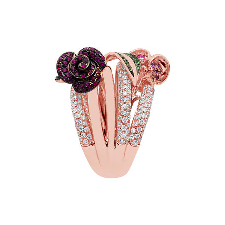 Diamond ring with Ruby, Sapphire and Garnet Flower Sin