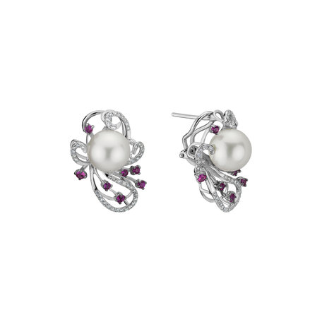 Earrings with Pearl, diamonds and Sapphire Venus Flowers