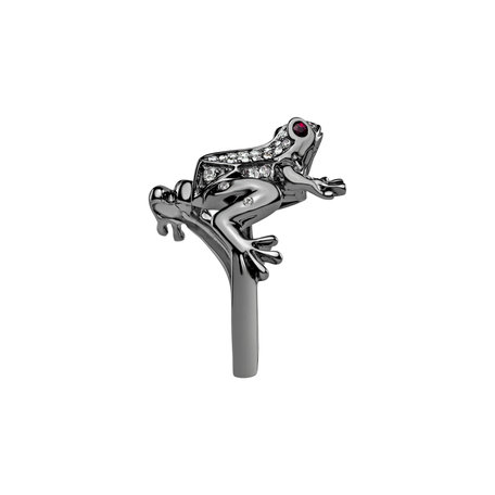 Ring with brown and white diamonds and Ruby Dark Fairytale Frog