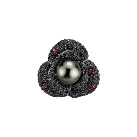 Brooch with Pearl, black diamonds and Ruby Madame Oceanic
