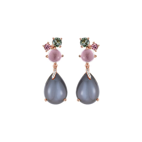 Diamond earrings with Moonstone, Tourmaline and Rose Quartz Alpenglow Rain