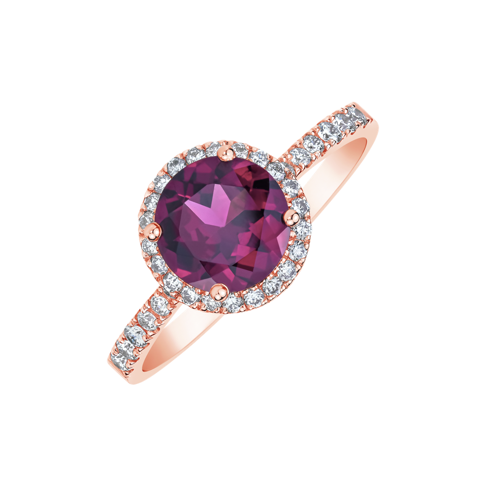 Diamond ring with Rhodolite Princess Sky